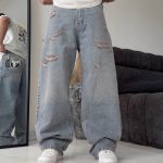شلوار بگ Skater آبی زاپ دار